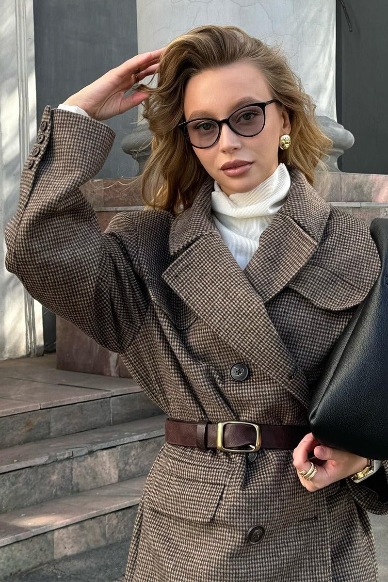 SEAME - Alexandra Houndstooth Long Coat Brown S