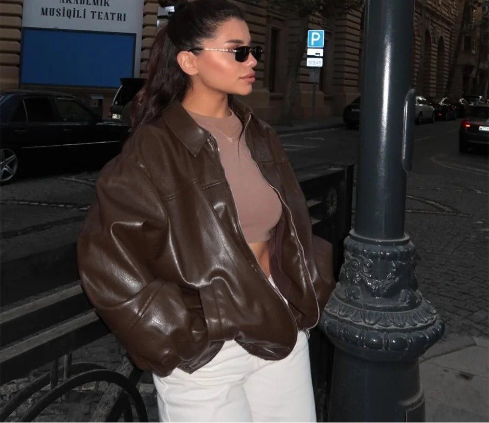 SEAME - Arabell - Chic Vintage Vegan Leather Women's Autumn Winter Jacket with Unique Zipper Detail Brown S