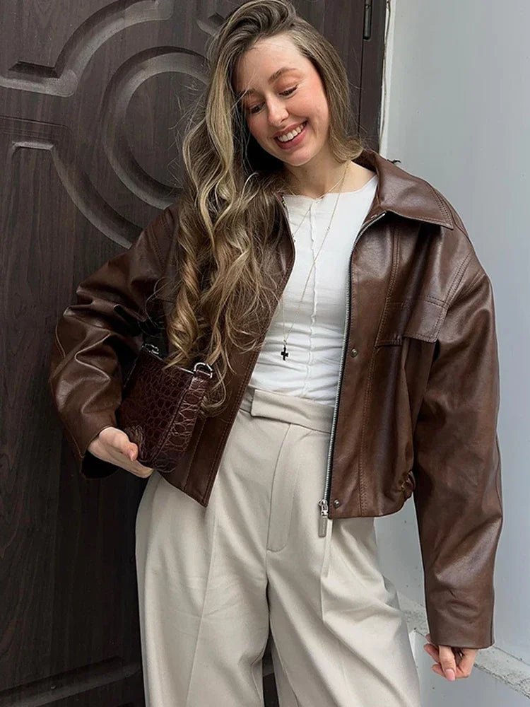 SEAME - Bianca Vegan Leather Jacket Brown L