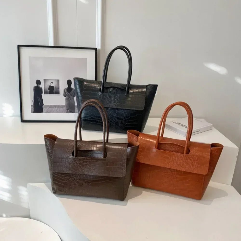 SEAME - Claudia Handbag - Stylish Crocodile Pattern Large Capacity Tote for Women Dark Brown