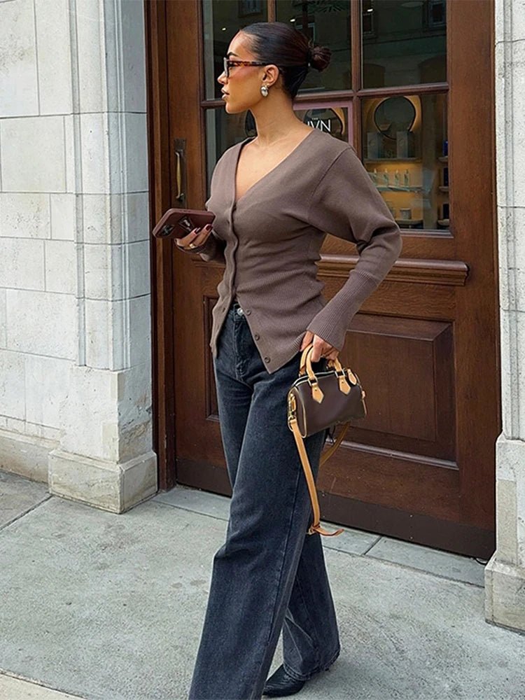 SEAME - Hannah Women's Cardigan - Elegant V - Neck Knit Sweater for Casual Style Brown S