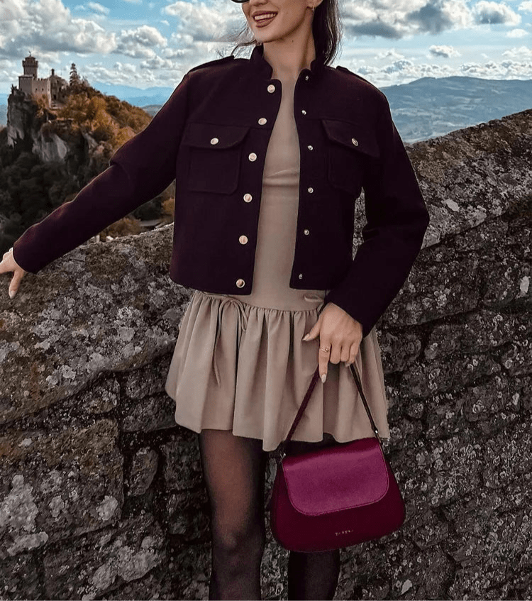 SEAME - Leah Bomber Jacket with Golden Details Burgundy M