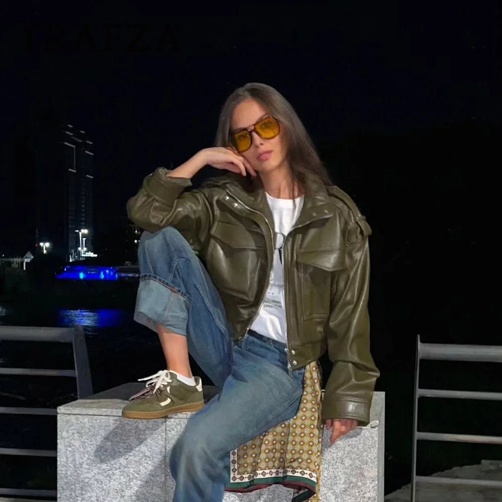 SEAME - Leila Faux Leather Jacket Green XS