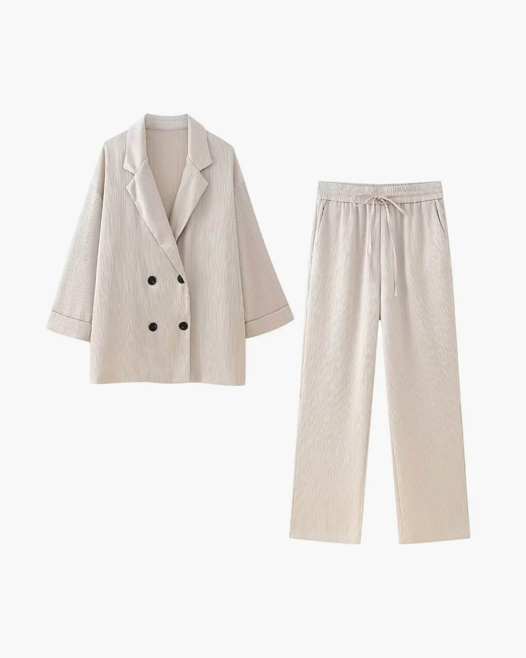 SEAME - Lisa - Women's Satin elegant Suit Set with Double - Breasted Jacket & Pants for Autumn Winter Beige L