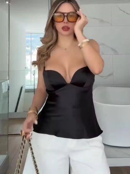 Elegante Top Nero con Scollo a V e Schiena Scoperta - Top da Donna per Uscire