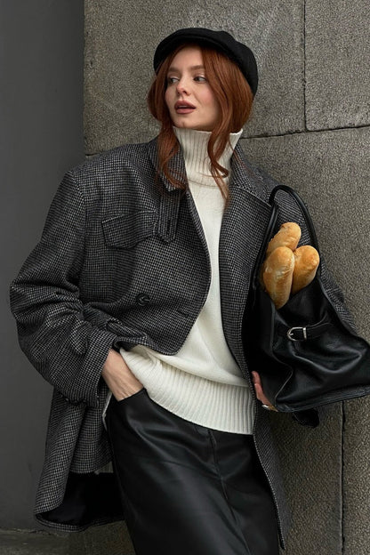 SEAME - Alexandra Houndstooth Long Coat Grey M