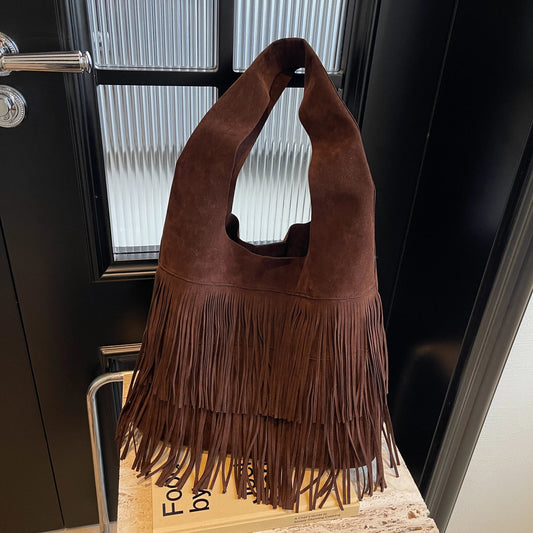 SEAME - Amanda Retro Leather Velvet Tassel Shoulder Bag for Women - Large Capacity Dark Brown