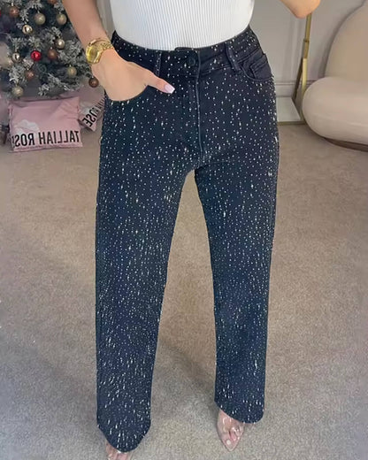 SEAME - Tara High - Waist Glitter Jeans Dark Blue S